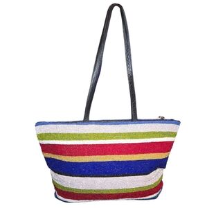 Suzanna Layne Vintage Horizontal Multicolored Stripe Fully Beaded Tote 13"X9.75"